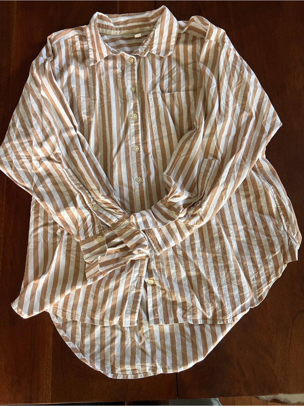 LOFT Women’s Long-Sleeve Striped | White & Tan | Cotton Blend | Medium